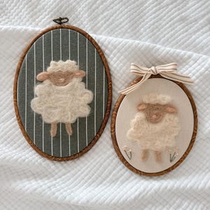 Neutral Lamb Needle Felt Wall Art – Embroidered Flowers – Handmade Nursery Decor in Hoop