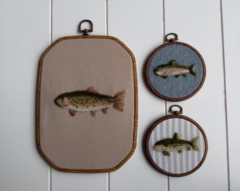 Needle Felted Trout Wall Art, Handmade Fish Embroidery Hoop, Rustic Cabin Lake Decor, Boys Nursery Hunting Fishing Art