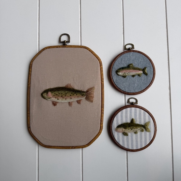 Needle Felted Trout Wall Art, Handmade Fish Embroidery Hoop, Rustic Cabin Lake Decor, Boys Nursery Hunting Fishing Art
