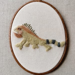 以下が含まれることがあります： 楕円形の刺繍枠にフェルトのイグアナが描かれています。イグアナは主に薄緑色で、茶色とタン色のアクセントがあります。尾には黒とグレーの縞模様があります。背景は白い布です。枠は木製です。