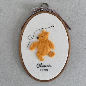 Felted Winnie the Pooh Bear Nursery Wall Art – Handmade Needle Felt Embroidery Hoop – Heirloom Baby Room Décor