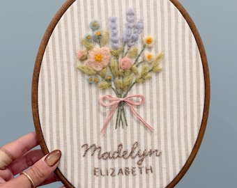 Wildflower Needle Felt Oval Hoop Art – Handmade Floral Nursery Wall Decor, Girl’s Room Heirloom Gift, Embroidery Style Felt Bouquet