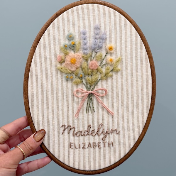 Wildflower Needle Felt Oval Hoop Art – Handmade Floral Nursery Wall Decor, Girl’s Room Heirloom Gift, Embroidery Style Felt Bouquet