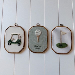 Golf Nursery Wall Art Set – Handmade Needle Felt Embroidery Hoops | Golf Cart, Ball & Flag Decor | Personalized Baby Boy Gift