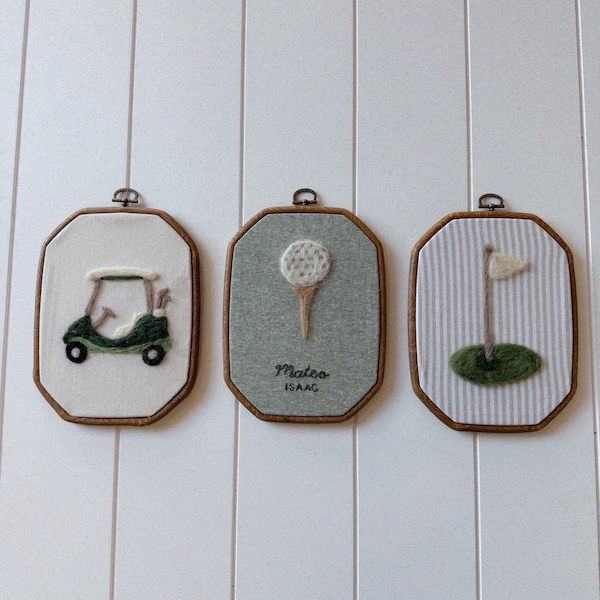 Golf Nursery Wall Art Set – Handmade Needle Felt Embroidery Hoops | Golf Cart, Ball & Flag Decor | Personalized Baby Boy Gift