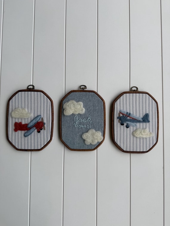 Vintage Airplane Nursery Wall Art Set – Personalized Aviation Nursery Decor – Needle Felt Embroidery Hoop – Baby Boy Room Decor