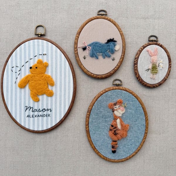 Custom Winnie the Pooh Nursery Wall Art – Handmade Needle Felt Hoop Set with Pooh, Tigger, Piglet & Eeyore – Personalized Baby Shower Gift