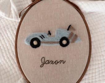 Personalized Vintage Race Car Nursery Decor – Needle Felt Name Hoop – Handmade Baby Boy Wall Art – Custom Heirloom Keepsake Gift