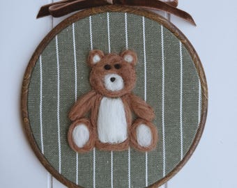 Felted Brown Teddy Bear Nursery Wall Art – Handmade Needle Felt Embroidery Hoop – Heirloom Baby Room Décor