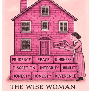 May include: A pink illustration depicts a house being built with bricks labeled with virtues. A woman places a brick labeled "Diligence." The text reads "The Wise Woman Builds Her House" and "Proverbs 14:1."