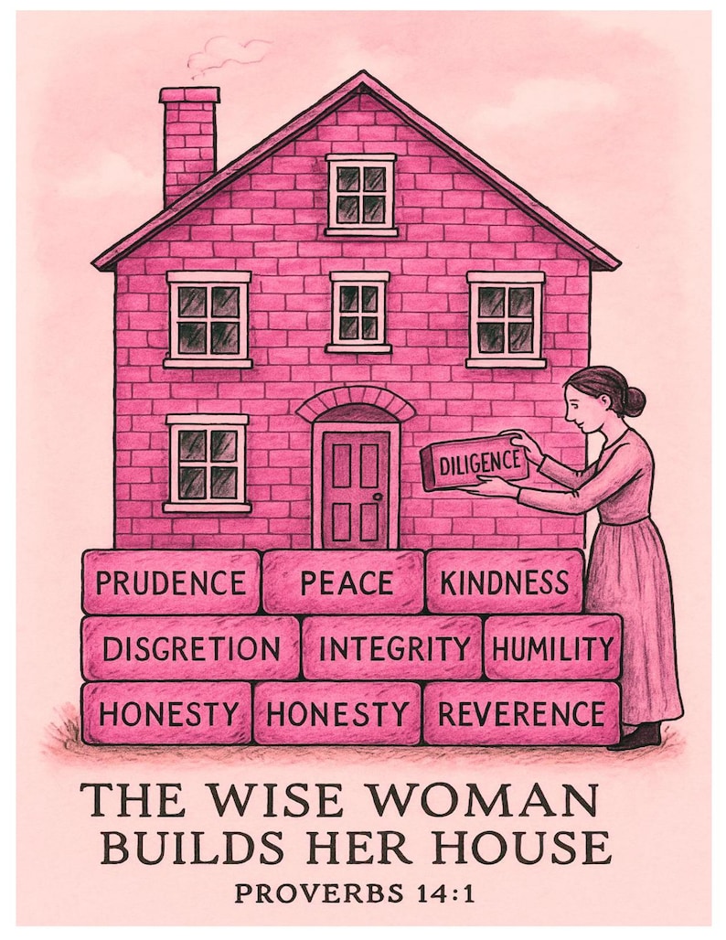 May include: A pink illustration depicts a house being built with bricks labeled with virtues. A woman places a brick labeled "Diligence." The text reads "The Wise Woman Builds Her House" and "Proverbs 14:1."