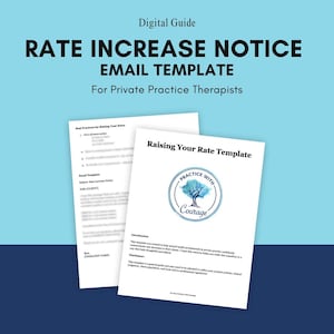 Puede incluir: Una guía digital titulada "PLANTILLA DE CORREO ELECTRÓNICO DE AVISO DE AUMENTO DE TARIFA" para terapeutas de práctica privada. La guía incluye una plantilla para aumentar las tarifas y un logotipo con un árbol y la palabra "Courage". El fondo es azul.