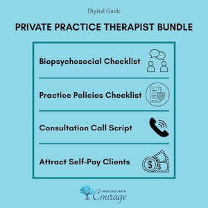 Könnte beinhalten: Ein digitaler Leitfaden mit dem Titel "PRIVATE PRACTICE THERAPIST BUNDLE" auf hellblauem Hintergrund. Der Leitfaden enthält Checklisten für Biopsychosozial, Practice Policies und Consultation Call Script sowie "Attract Self-Pay Clients".