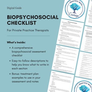 May include: A digital guide titled "BIOPSYCHOSOCIAL CHECKLIST" for private practice therapists. The guide includes a comprehensive biopsychosocial assessment checklist, easy-to-follow descriptions, and treatment plan examples. The image has a light blue background.