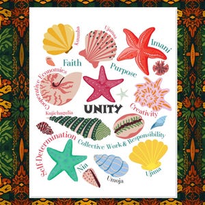 May include: A white rectangular print featuring various colorful seashells and starfish illustrations. The text includes words like Unity, Faith, Purpose, Creativity, Umoja, Kujichagulia, Ujima, Nia, and Imani arranged among the marine life graphics.