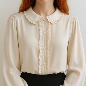 Gothic Victorian Lolita Blouse – Peter Pan Collar Cream Ruffle Shirt for Women – Lantern Sleeve Cotton Top, Loose Fit Cottagecore Shirt