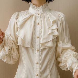 Gothic Victorian Lolita Blouse – Lace Patchwork Lantern Sleeve Shirt for Women – Y2K Loose Fit Stand Collar Top, Black or White