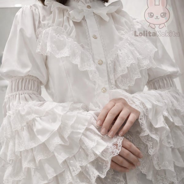 Gothic Victorian Lolita Blouse for Women, Lace Ruffle Flare Sleeve Shirt, Romantic Vintage Top Black White Red