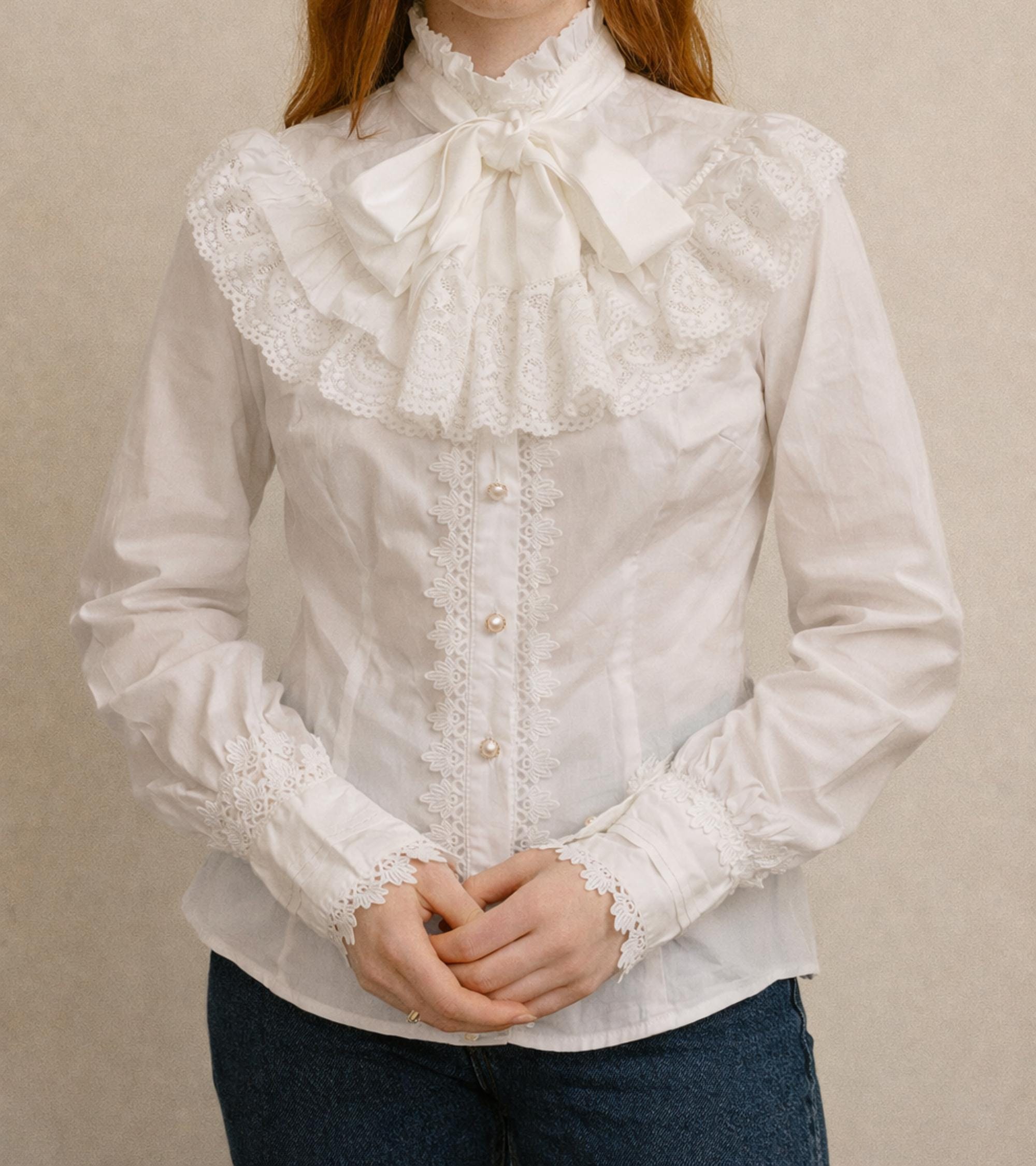 トップス idem vintage lace big collar blouse Gothic Victorian Blouse for Women, Lace Ruffle High Neck Poet Top