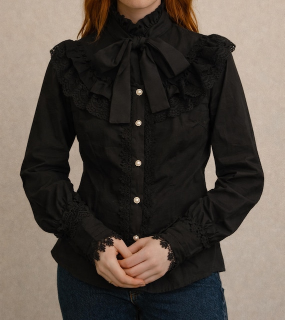Gothic Victorian Blouse for Women, Lace Ruffle High Neck Poet Top