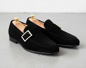 Mocasines de hombre de ante negro hechos a mano con hebilla, estilo monje, de lujo, para ocasiones formales como bodas.
