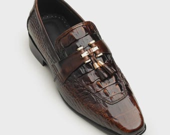 Handmade Black Crocodile Embossed Leather Loafers:| Brown Luxury Tassel Slip-On Shoes for Men