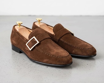 Brown Suede Monk Strap Dress Shoes: Handmade Leather Formal Footwear