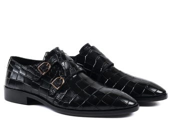 Handmade Black Crocodile Embossed Double Monk Strap Leather Dress Shoes for Men