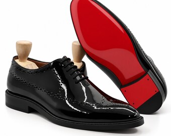 Chaussures Oxford en cuir verni noir faites à la main, semelle rouge, chaussures habillées formelles