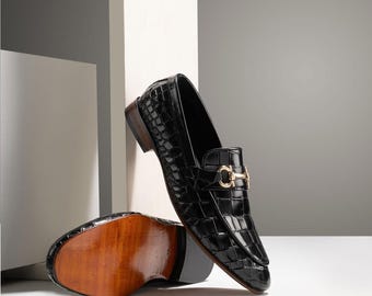 Men Handmade Black Alligator Texture Leather Moccasin Shoes, Formal Dress Shoes