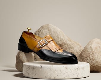 Chaussures à boucle en cuir bicolore faites main, mocassins habillés vintage pour hommes, chaussures à franges