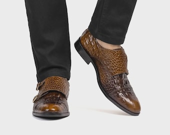 Men’s monk strap shoes, double buckle, crocodile embossed leather, brown