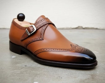 Men's Handmade Tan Brown Leather Single Monk Strap Wingtip Brogue Shoes