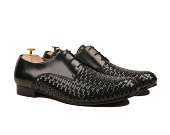 Chaussures habillées en cuir faites main | Oxford noir tressé pour homme