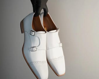 Nouvelles chaussures double moine en cuir faites main blanches pour hommes, chaussures habillées