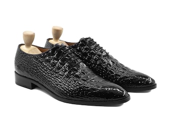Chaussures Oxford en cuir noir à motif crocodile faites main – Chaussures habillées sur mesure
