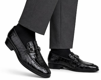 Mocassins en cuir faits main sur mesure | Texture crocodile noire | Homme