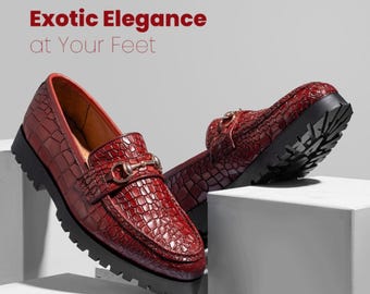 Mocassins en cuir bordeaux à motif crocodile, fabriqués à la main - Chaussures habillées pour hommes