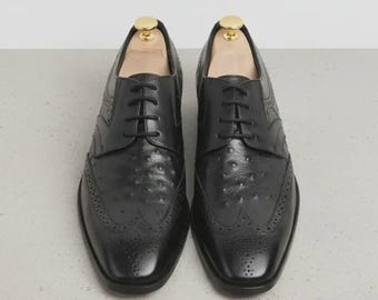 Herren-Oxfordschuhe aus schwarzem Straußenleder | Wingtip-Schuhe für Smoking und Hochzeit