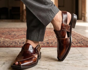 Sandales Peshawari en cuir faites main pour hommes : chapal de style pakistanais marron, beaux styles de finition