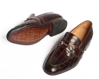 Mocassins faits main en cuir marron gaufré effet croco pour homme, chaussures habillées, à enfiler pour mariage formel