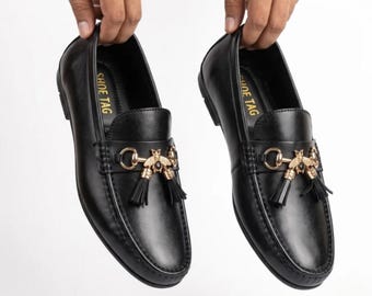 Skräddarsydda skor för män i svart läder, loafers i slip-on-modell, handgjorda skor