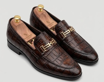 Men's Brown Crocodile Embossed Leather Loafers, Luxury Slip-On Dress Shoes with Gold Buckle, Handmade Formal Footwear
