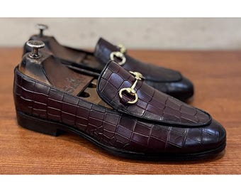 Handmade Crocodile Embossed Leather Loafers: Brown Horsebit Slip-On