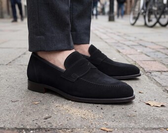 Mocassins Penny en daim noir pour homme, fabriqués à la main, mocassins en cuir à enfiler, chaussures classiques, décontractées et élégantes.