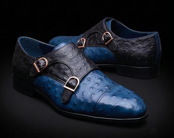Chaussures à boucle en cuir d'autruche bleu faites à la main, chaussures habillées bicolores pour hommes