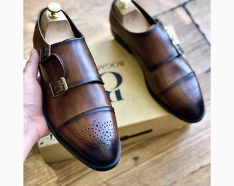 Chaussures habillées à double boucle en cuir marron pour homme, fabriquées sur mesure à la main