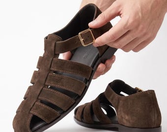 Brown Suede Fisherman Sandals Men, Handmade Leather, Buckle Strap, Vintage Style