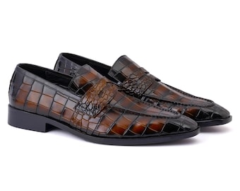 Handmade Brown Crocodile Embossed Leather Penny Loafers Mens Dress Shoes Formal Slip On Shoes