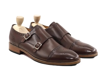 Chaussures habillées faites main pour hommes en cuir marron à brides doubles